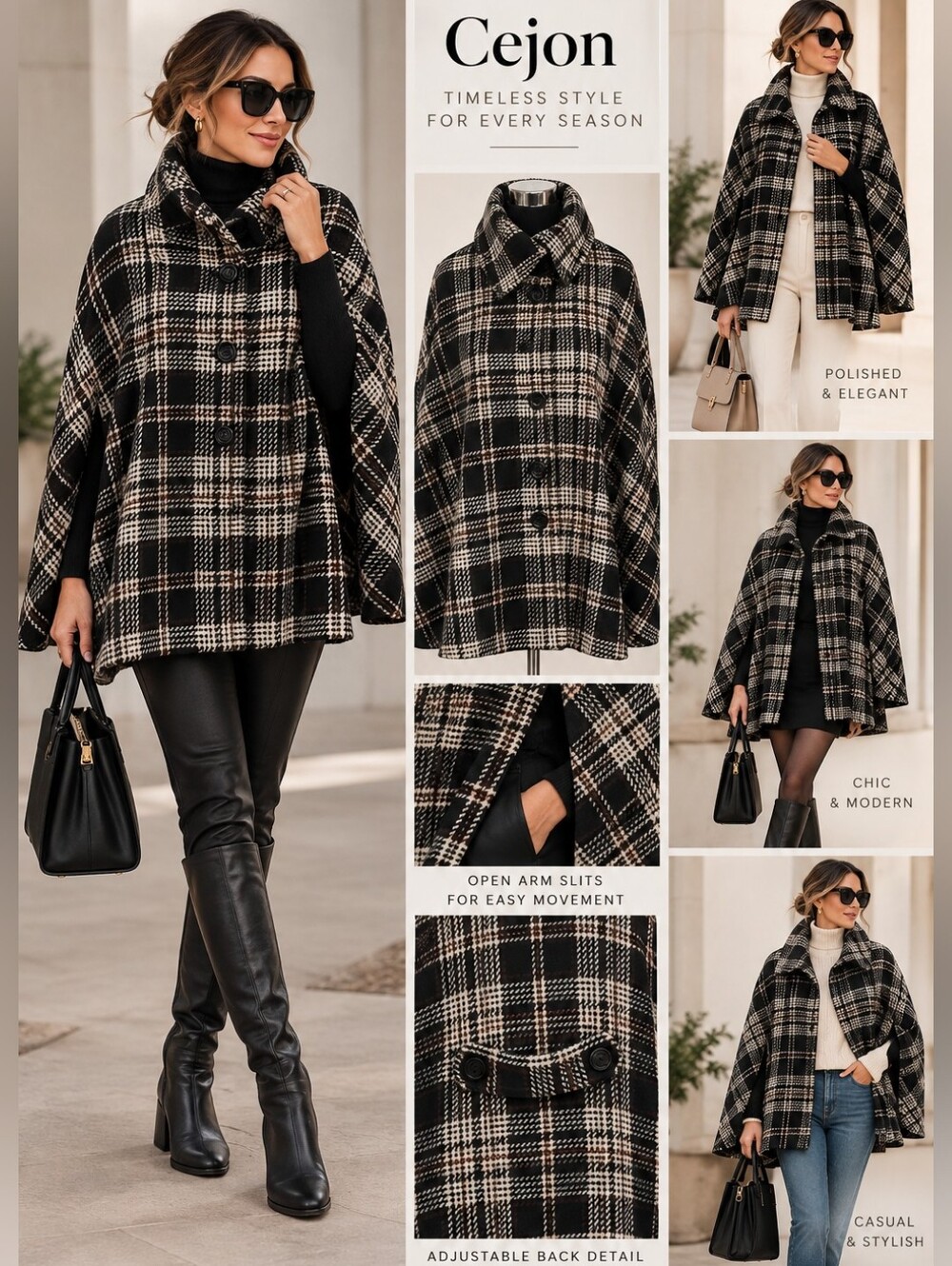 Cejon Plaid Cape Coat Wool Blend Large Collar M/L